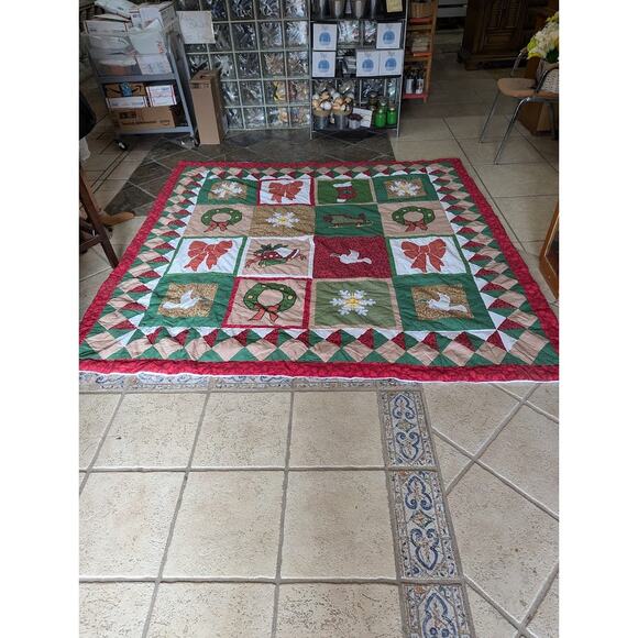 Handstitched QUILT Christmas Holiday comforter set Queen/ Full pillow SHAMS - Picture 3 of 14